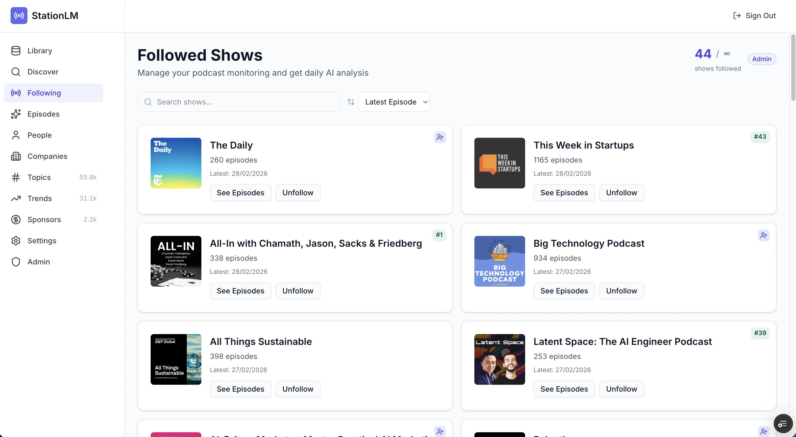 Show monitoring interface showing followed shows with automatic analysis